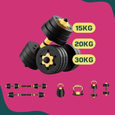 Imagem de Kit Halteres 6 Em 1 15/20/30Kg Musculação Ajustável Kettlebell Barra Anilha (Amarelo, Kit 30Kg)