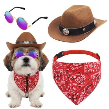 Imagem de Chapéus de cowboy para animais de estimação para cães e gatos, fantasias de Halloween, chapéu de caubói do oeste, bandana festival, acessórios de cosplay (marrom+vermelho - médio)