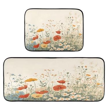 Imagem de Qilmy Tapetes de cozinha vintage lindas flores silvestres 2 peças, tapete de entrada frontal, antiderrapante, alivia a fadiga, lavável, tapete para cozinha, quarto, varanda591