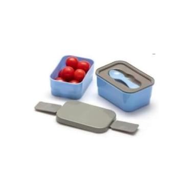 Imagem de Marmita Prática Organizadora com Divisórias, Azul, Livre de BPA, 2 Potes Empilháveis, com Talheres Reutilizáveis, 21x12x5.5cm