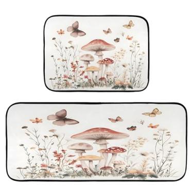 Imagem de Qilmy Tapetes de cozinha de flores silvestres e borboletas, 2 peças, tapete de entrada frontal, antiderrapante, alivia a fadiga, lavável, tapete para cozinha, quarto, varanda366