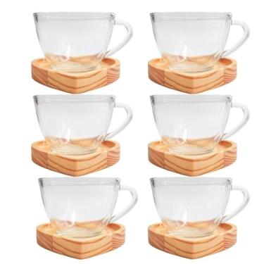 Imagem de Jogo Xícaras Café Chá com Pires Madeira Coração Rosa Presente Criativo Mesa Posta Cantinho do Café (6 Xícaras Chá Lisas + Pires Co)