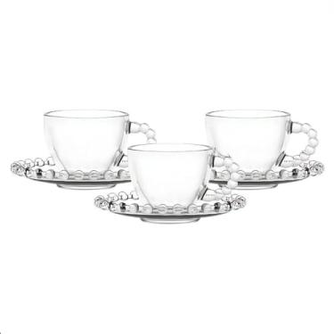 Imagem de Xícaras em Vidro com Pérolas 100ml | Jogo com 6 Peças | 3 Xícaras + 3 Pires | Ideal para Chá e Café