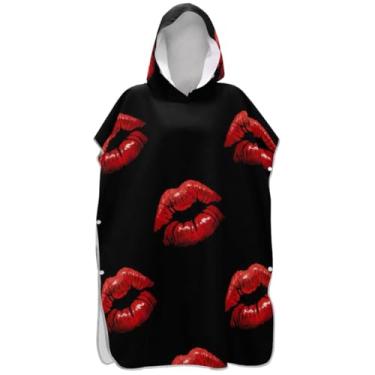 Imagem de Joisal Roupão para adultos, poncho de surfe, com capuz, toalha de natação, leve, masculino, feminino, poncho com capuz, batom vermelho, preto