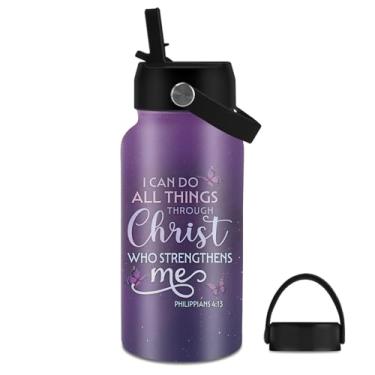 Imagem de Presentes cristãos para mulheres, garrafa de água cristã de 740 ml com 2 tampas e canudo – garrafas de água isoladas com cruz de Cristo, garrafa de água esportiva à prova de vazamento sem BPA para