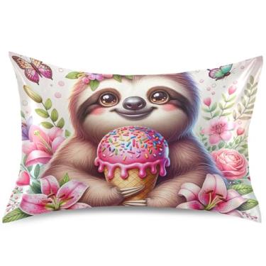 Imagem de Capa de almofada de cetim floral com estampa de sorvete de preguiça King Queen padrão com estampa fofa para pele com acne, tamanho king, 101,6 cm x 50,8 cm