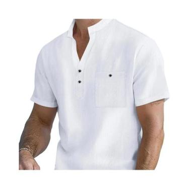 Imagem de Camisa Masculina De Algodão E Linho De Manga Curta Com Gola Alta E Pla