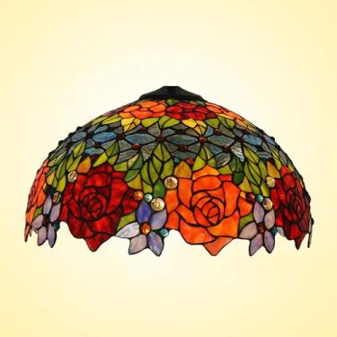 Imagem de Cúpula de abajur de 45 cm (18 polegadas) em vitral estilo Tiffany, modelo vintage com detalhes em rosa, inclusa na tampa. Ideal para luminárias de cabeceira, leitura, estudo, cozinha, sala d