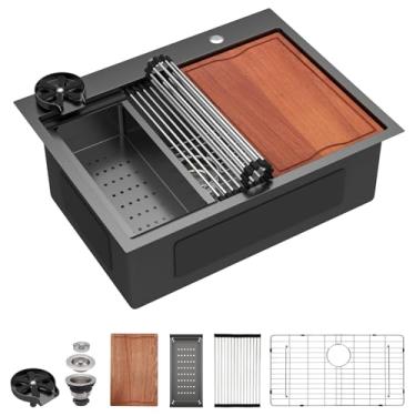 Imagem de Dcolora Pia de cozinha preta de 71 cm com arruela de copo, instalação de tigela única grande, aço inoxidável 304 de calibre 16, estação de trabalho com acessórios valiosos, 71 x 56 x 25 cm