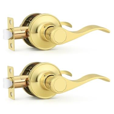 Imagem de Probrico Puxadores de porta internos, maçaneta de porta de passagem latão dourado, maçaneta para corredor de armário, estilo onda moderna, pacote com 2