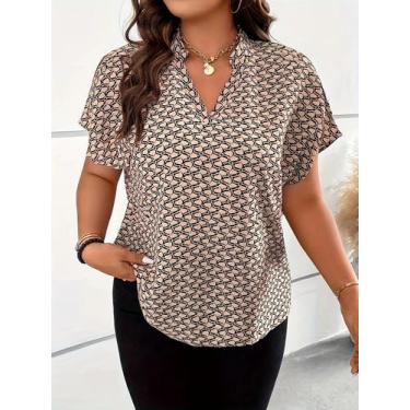 Imagem de Camisa De Verão plus Size Com Estampa, Decote Em V, Casual, Elegante, 