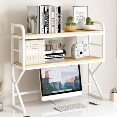 Imagem de Estante de mesa ajustável multicamadas, para mesa de computador - estante de mesa de 2 camadas, prateleira organizadora multifuncional para mesas de escritório em casa (branco + madeira C 120 cm/47