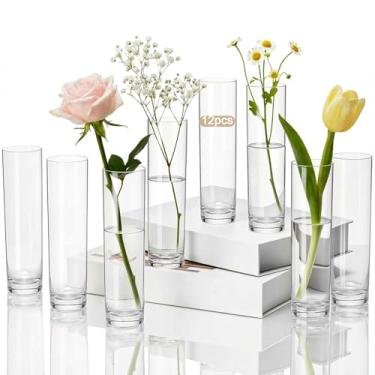 Imagem de Didaey 12 Vasos cilíndricos de acrílico para centros de mesa, vaso de flores alto de acrílico, vasos pequenos transparentes a granel para mesa de centro de mesa de decoração de casa de casamento para