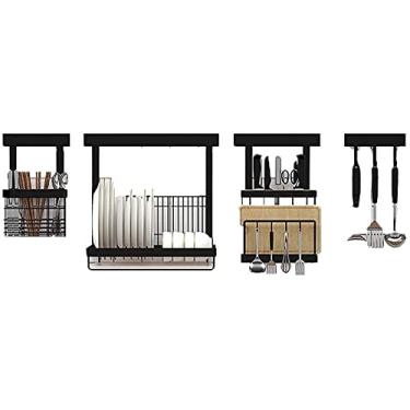 Imagem de Prateleira de cozinha montada na parede 201 de aço inoxidável não perfurada escorredor de pratos preto acessórios de cozinha DAKSL organizador de balcão
