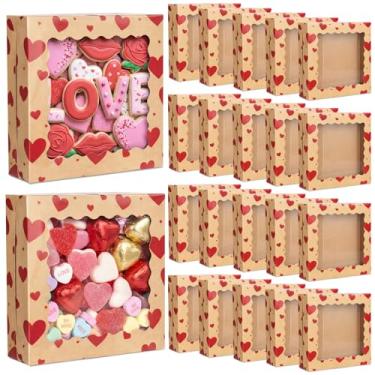 Imagem de FoldTier 24 caixas de biscoito kraft dia dos namorados com janela a granel 24 x 23 x 6 cm caixas de presente de padaria coração vermelho para presente de festa dos namorados