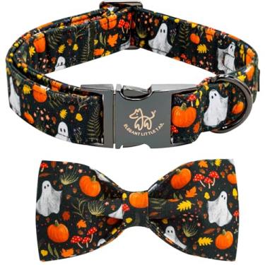 Imagem de Elegant little tail Coleiras para cães de outono, estampa de abóbora de fantasmas, coleira para animais de estimação, filhote de cachorro, de algodão, coleira ajustável para cães pequenos, médios e