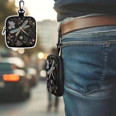 Imagem de Bolsa feminina com zíper com estampa de libélula - carteira pequena de poliuretano e capa para fone de ouvido, porta-cartões compacta, porta-moedas, design preto de libélula