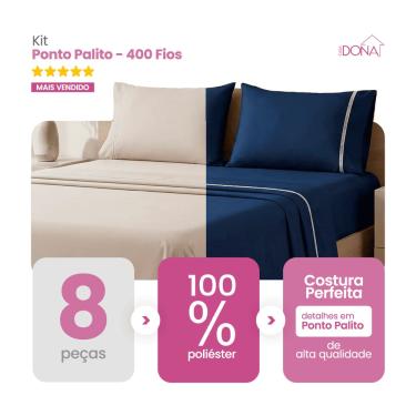 Imagem de Kit 2 Jogos de Lençol Casal/King 4 Peças 400 Fios Ponto Palito Toque Macio Premium Casa Dona