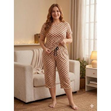 Imagem de Pijama Feminino Plus Size Suede Capri Pescador 44 Ao 54 Luxo Cor:Marro
