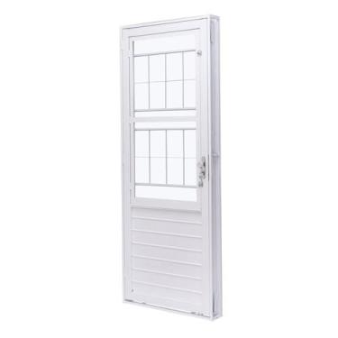 Imagem de Porta de Aço com Postigo 215x83cm com Grade Quadriculada e Vidro Liso 
