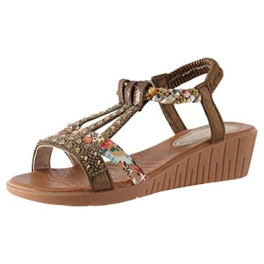 Imagem de Sandálias femininas com strass para decoração de strass sandálias modernas de verão sandálias anabela bico aberto sandálias femininas boêmias tamanho 11 largo (café, 8)