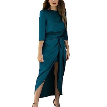 Imagem de UIFLQXX Vestido maxi com mangas vestido de noite de alta costura vestido de cetim temperamento elegante saia de renda feminina, Azul, GG