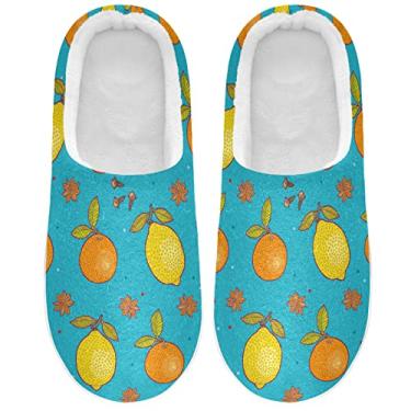 Imagem de JUNZAN Especiarias limões e laranjas chinelos masculinos femininos de espuma de memória para casa chinelos antiderrapantes sola quente macia de lã coral, sem cadarço, bico fechado, sapatos livres de