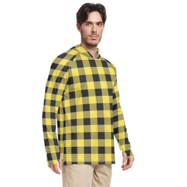 Imagem de Camisetas masculinas com capuz e proteção UV manga comprida xadrez FPS 50 + camisas masculinas à prova de sol masculinas Rash Guard UV, Amarelo, preto, G