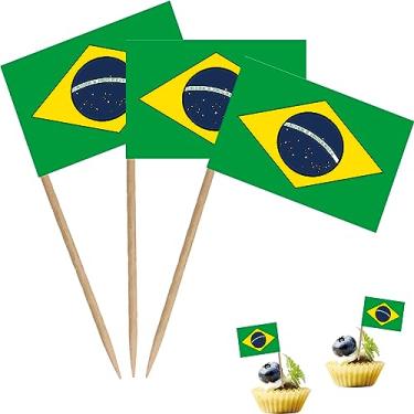 Imagem de Bandeira do Brasil Palito de Dentes Pequeno Brasileiro Pequeno Coquetel Cupcakes de Frutas Toppers Bandeiras de Bastão de Comida Decorações, Pacote com 100
