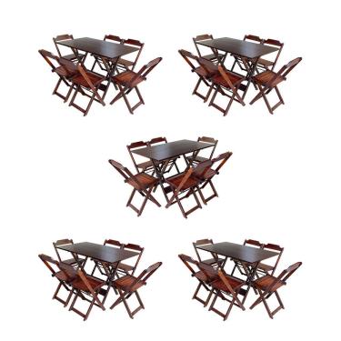 Imagem de Kit 5 Conjuntos de Mesa Dobravel com 6 Cadeiras de Madeira 120x70 para Restaurante e Bar - Imbuia