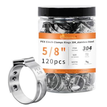 Imagem de WYSIWYKA 120 peças de 5/8" PEX Cinch Clamps Kit sortido de anéis, 304 braçadeiras de mangueira de orelha única de aço inoxidável, anéis de crimpagem Pex para conexões de encaixe de tubulação PEX