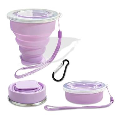 Imagem de FINDWORLD Caneca expansível dobrável de silicone dobrável para viagens, acampamento, caminhada, piquenique, praia, férias, esportes ao ar livre - roxo claro