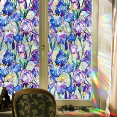 Imagem de GORGECRAFT 100 x 43 cm Janela Arco-íris Privacidade Película Espelhada Refletiva Flor Azul Bloqueio Solar Janela Aderência Vitral Vidro Decorativo 3D Estático Resistente a UV Adesivo Não Adesivo para