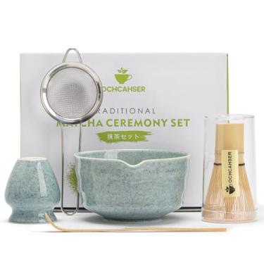 Imagem de Ochcahser conjunto matcha, conjunto de batedor matcha inclui tigela matcha, porta-batedor matcha, batedor matcha de bambu, colher e peneira matcha, kit matcha de cerâmica com esmalte azul mo