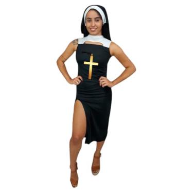 Imagem de Fantasia Feminina Vestido Freira Adulto Noviça Rebelde Irmã Religiosa Carnaval Bloquinho Festa Halloween Zumbi Terror (PP)