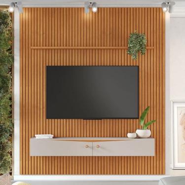 Imagem de Painel Ripado para TV Até 75 Polegadas Girona 2 Portas 1 Prateleira Cinamomo/Off White - Pnr Móveis