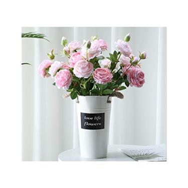 Imagem de DCYEQRQ Flor artificial em vaso com simulação de peônia, flor de decoração de flores falsas, flor de mesa decorativa, simulação de buquê de flores de rosas artificiais