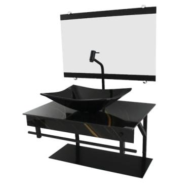 Imagem de Gabinete de Vidro para Banheiro 50x40cm com Cuba Quadrada, Espelho e Válvula Click (Mármore Preto Dourado)