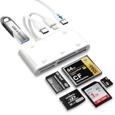 Imagem de Leitor de cartão SD para iPhone/iPad, leitor de cartão de memória universal 7 em 1 para cartão SD/TF/CF/MS/XD, adaptador USB OTG com conector USB-C/Lightning compatível com iPhone 16/iPad Pro/Galaxy