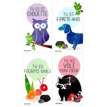 Imagem de Nerdy Words Mini Coruja Francesa Guaxinim Cão Formiga Dia dos Namorados (Cartões do Tamanho Carteira com Envelopes Pequenos) Cartões em Língua Francesa para Dia dos Namorados (conjunto de 32)