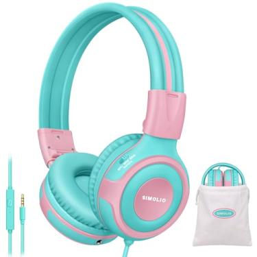 Imagem de SIMOLIO Fone de ouvido infantil com microfone, 75dB, 85dB, porta de compartilhamento de limite de volume de 94dB, fones de ouvido infantis para tablet/iPad/Kindle/Laptop, fones de ouvido com fio duráveis com bolsa portátil para meninas, meninos (SM-903A)