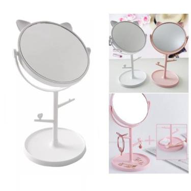 Imagem de Espelho De Mesa Redondo Gatinho Porta Jóias Kit Maquiagem - Saz, Branc
