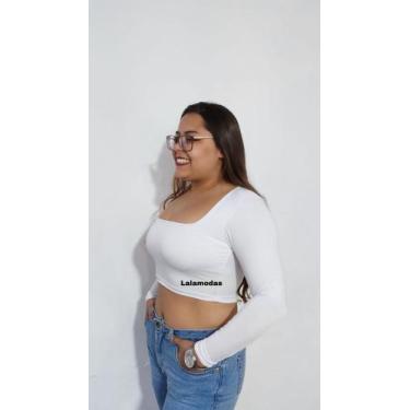 Imagem de Cropped Feminino Quadradinho com Manga Longa - lala modas, Branco, G