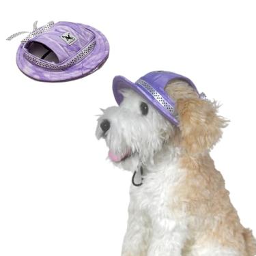 Imagem de Harikaji Boné para animais de estimação, chapéu redondo, moderno, lona, princesa, beisebol, alça ajustável no queixo, viseira de proteção solar para cachorrinho (roxo tingido, G)