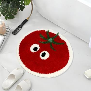 Imagem de Tapete de banho fofo tomates vermelhos redondo frutas tapete de banheiro, tapete macio e macio de microfibra, absorvente, secagem rápida, antiderrapante, lavável na máquina para pia, banheira, quarto