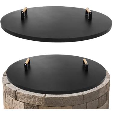 Imagem de 1MORE Tampa redonda para fogueira de 86 cm - Tampa de fogueira de metal com alças de madeira para fogueiras de pátio, tampa de metal resistente à ferrugem de 1,5 mm, acessório para fogueiras