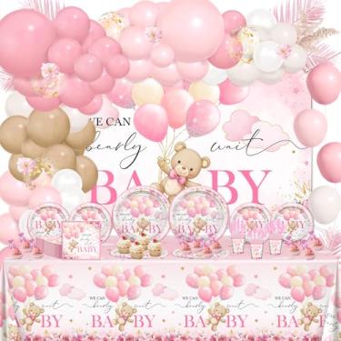 Imagem de Lecheme 270 Pcs Pink Bear Baby Shower Decorations for Girl: We Can Bearly Wait Baby Banner Disposable Plates Napkins Cups Tablecloth Balloons, Serve 24