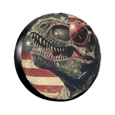 Imagem de LOJAOGON Óculos de sol engraçados de dinossauro bandeira americana capa de pneu sobressalente protetores de roda à prova de poeira capa de pneu para trailer, trailer, areia muitos veículos 43.2 cm
