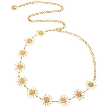 Imagem de Snogisa Corrente de cintura dourada para mulheres, cinto multicamadas dourado prata sol lua cinto para mulheres vestido corpo barriga corrente de metal corrente de cintura de verão, praia, strass