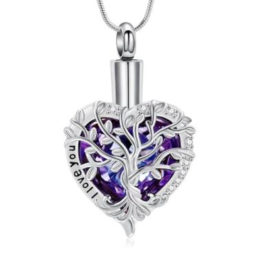 Imagem de AIWENXI Colar de urna árvore da vida para cinzas para homens e mulheres em forma de coração pedra do mês de nascimento joia de cremação memorial animal de estimação pingente de lembrança de aço